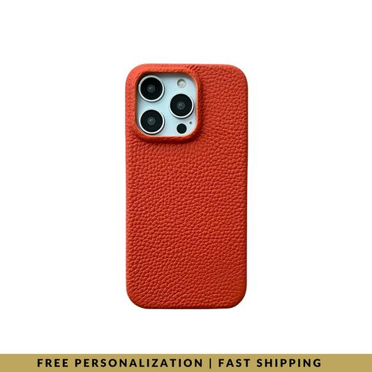 iPhone 15 Pro Classic Case in Flame Orange Mini-Pebble Leather