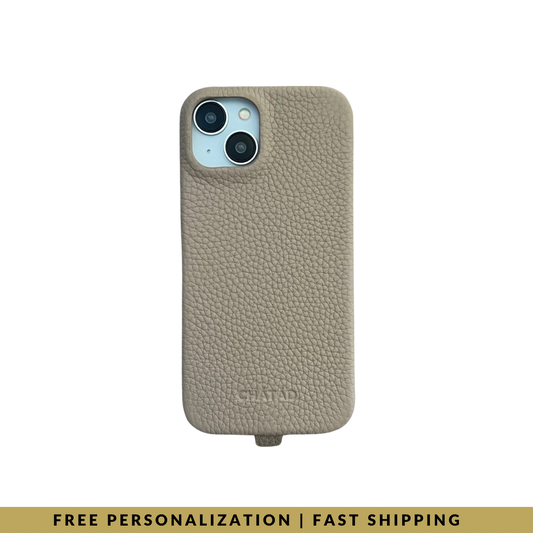 iPhone 14 Pebbled Leather Classic Case 2 with loop in Bare Beige