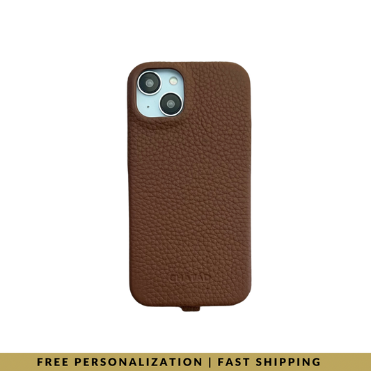 iPhone 14 Plus Pebbled Leather Classic Case 2 with loop in Pecan Brown