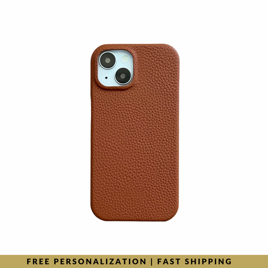 iPhone 15 Plus Classic Case in Terracotta Brown Mini-Pebble Leather