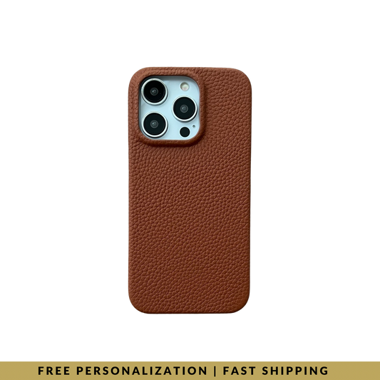 iPhone 15 Pro Max Classic Case in Terracotta Brown Mini-Pebble Leather