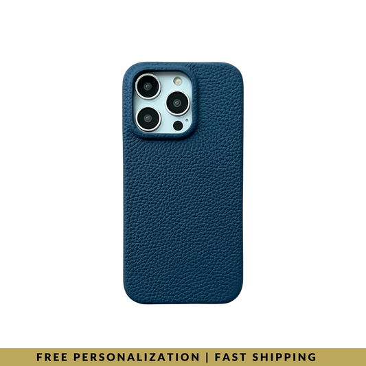 iPhone 15 Pro Classic Case in Pacific Blue Mini-Pebble Leather