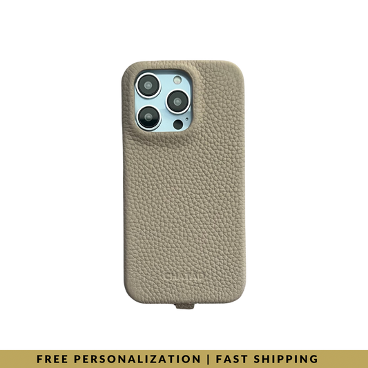 iPhone 14 Pro Max Pebbled Leather Classic Case 2 with loop in Bare Beige