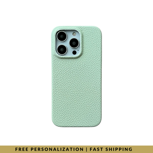 iPhone 15 Pro Classic Case in Mint Green Mini-Pebble Leather